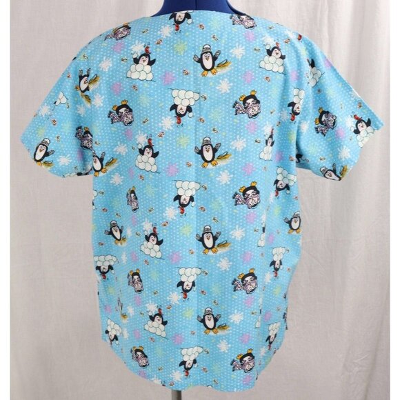 Allheart Women's M Blue Winter Penguin Snow Print Scrub Top VTG  Shirt Pockets - Picture 4 of 9
